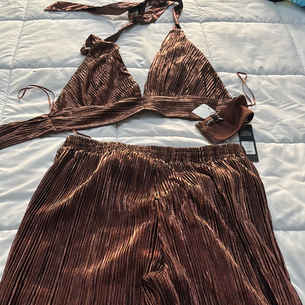 Fashion Nova Bronze Straight Leg Pants & Top Set